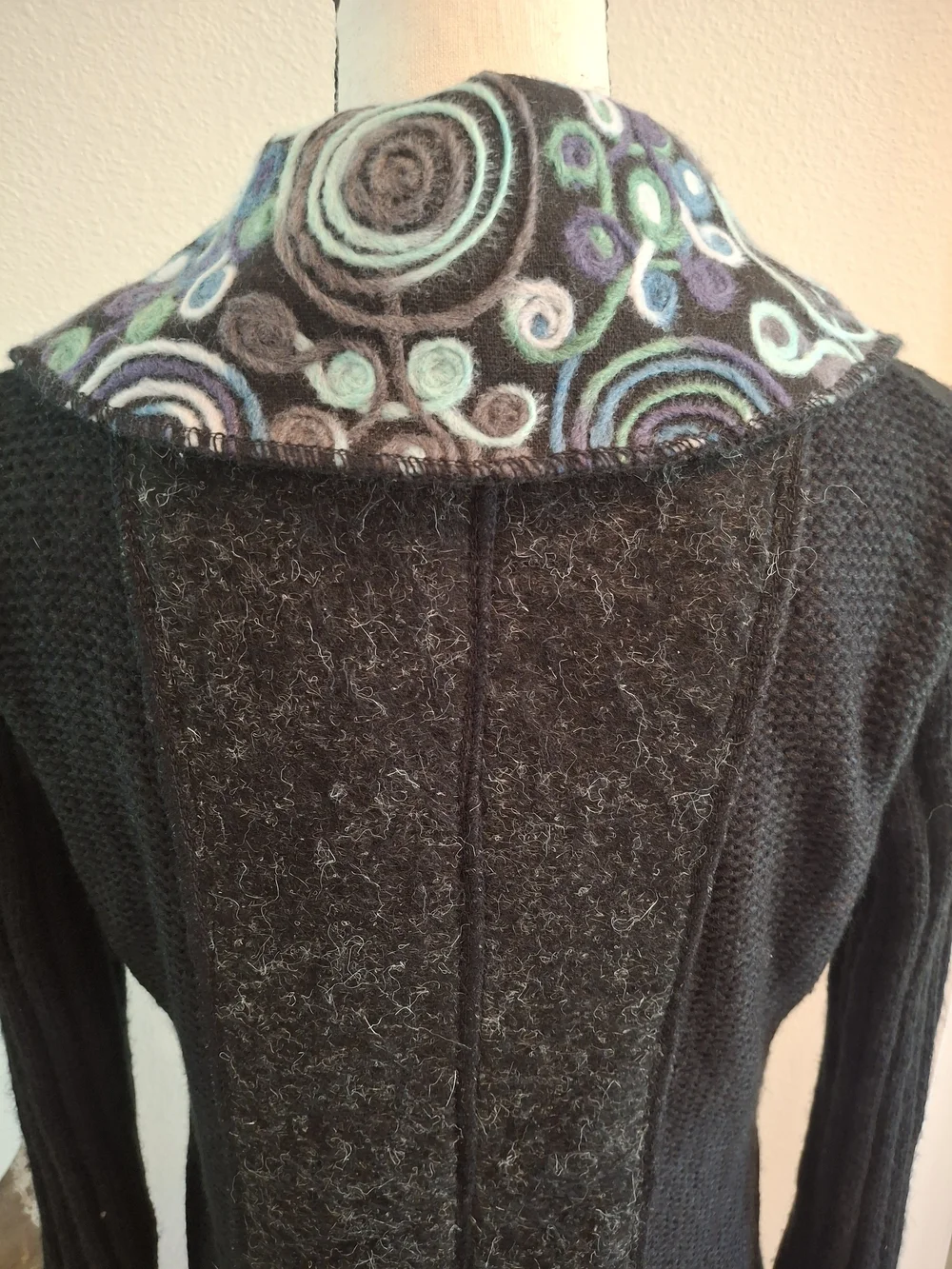 Sioni Black Knit Cardigan with Printed Collar and Cuff Accents